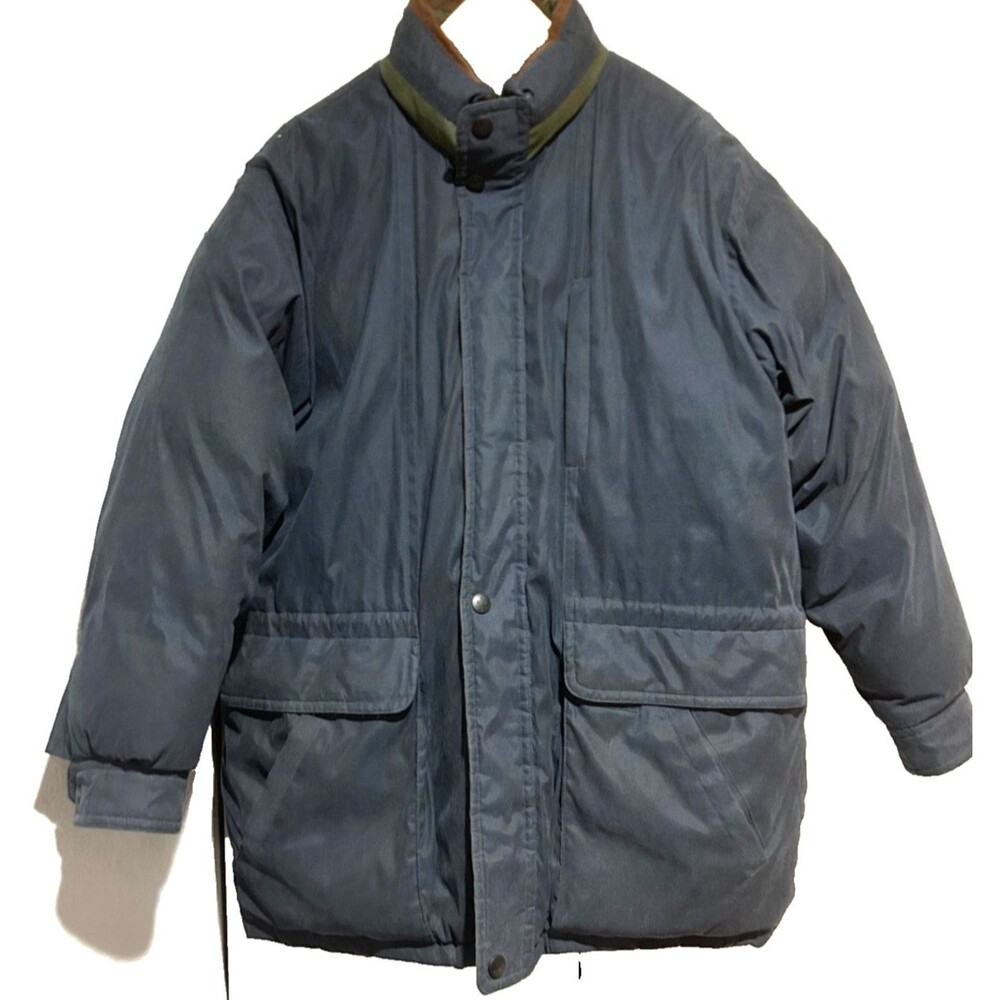Rainforest Men’s Vintage Down Winter Puffer Parka size L Leather Collar Navy
